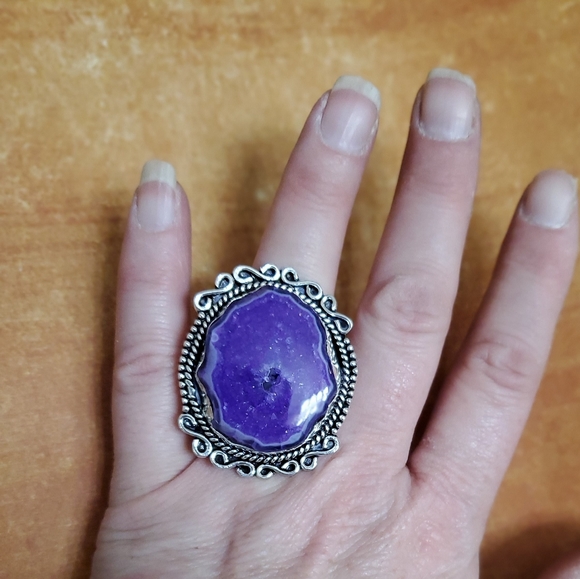 New Huge Purple Agate Druzy 925 Silver Statement Ring. - Picture 4 of 8
